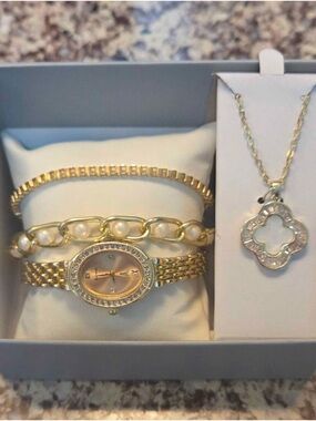 New Gold tone Pearl like Chain Watch and Necklace Set - Women's Jewelry